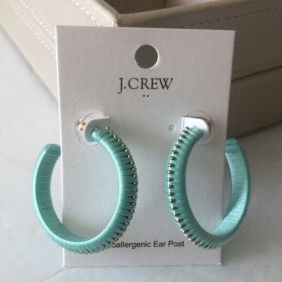 J. CREW Hoop Fabric Stud Wrapped Earrings Mint Fresh Spearmint - Picture 6 of 8